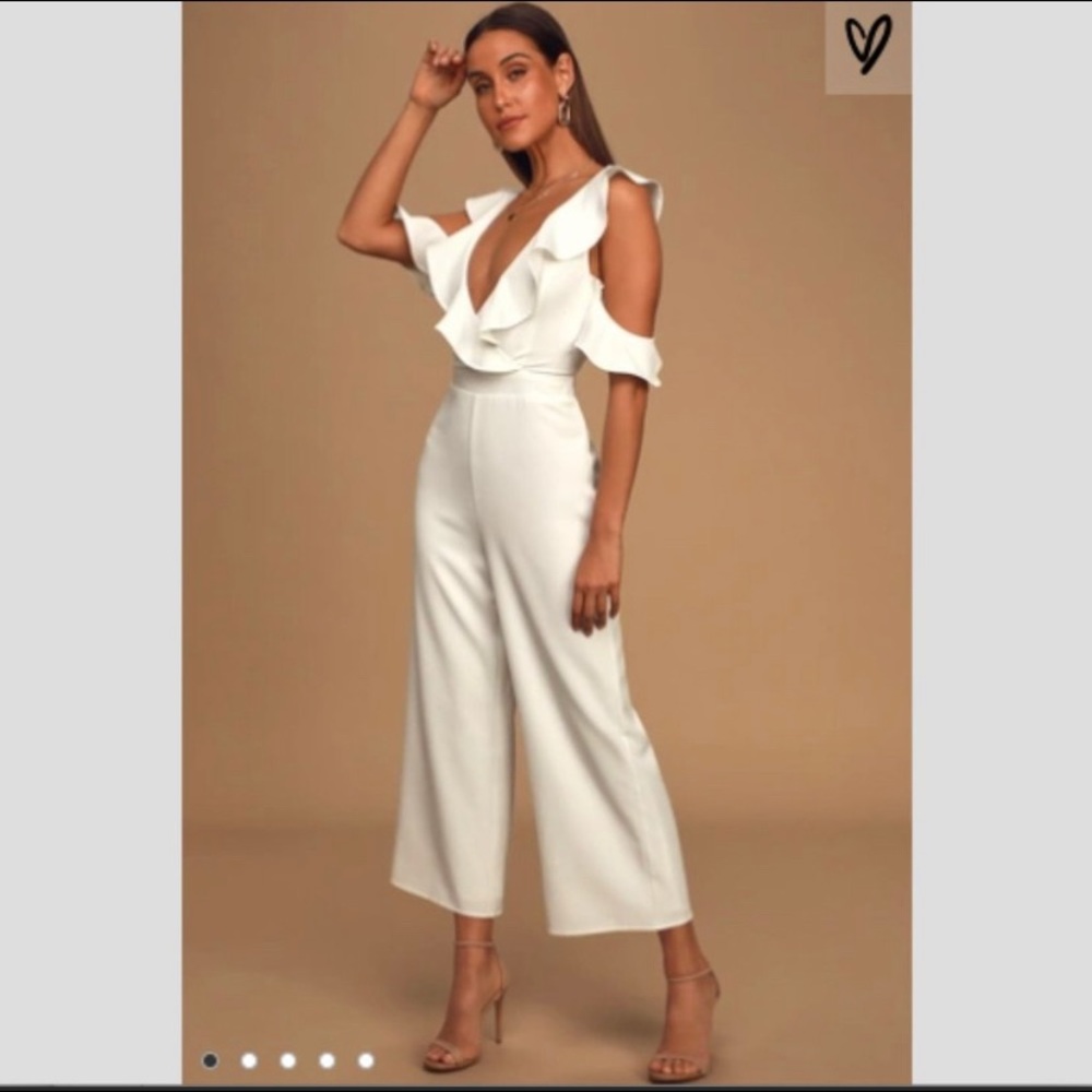 Lulu’s Doozy White Ruffled Wide-Leg Jumpsuit Small
